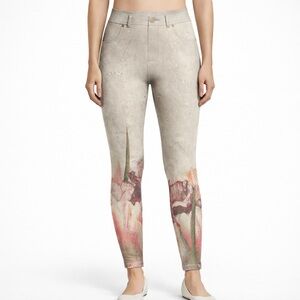 Italian Floral Stretch Leggings Pull On Taupe Silver Sparkle XS S